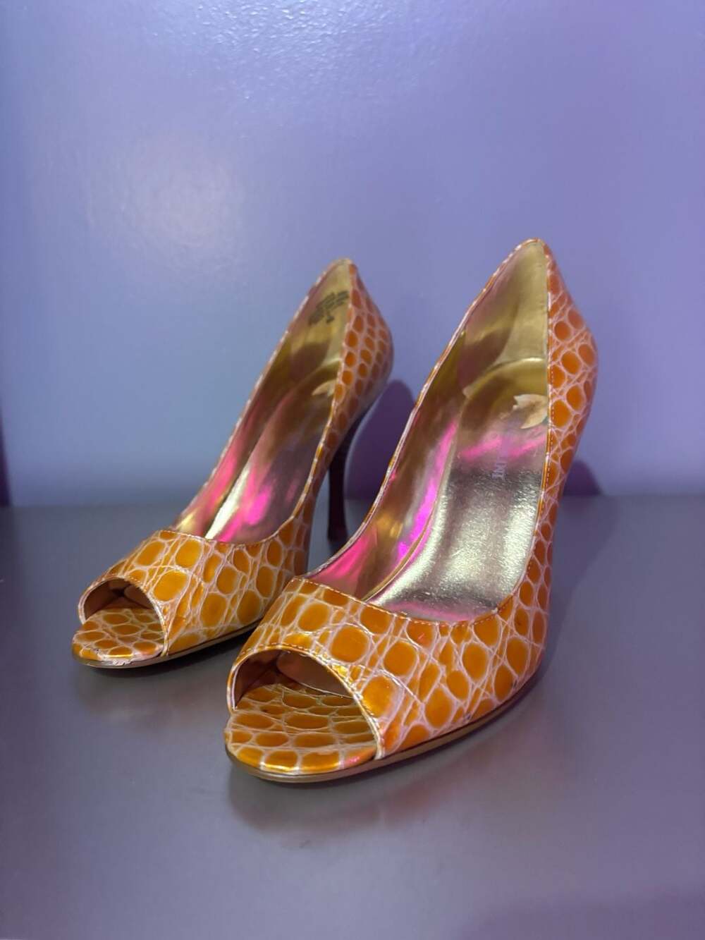 Enzo Angiolini Orange Faux Croc Peep Toe Stiletto Heels